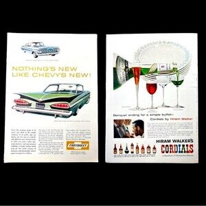 2 ADS 1950's Chevrolet/Hiram Walker’s Cordials Vintage Print Ads Bel Air-Impala